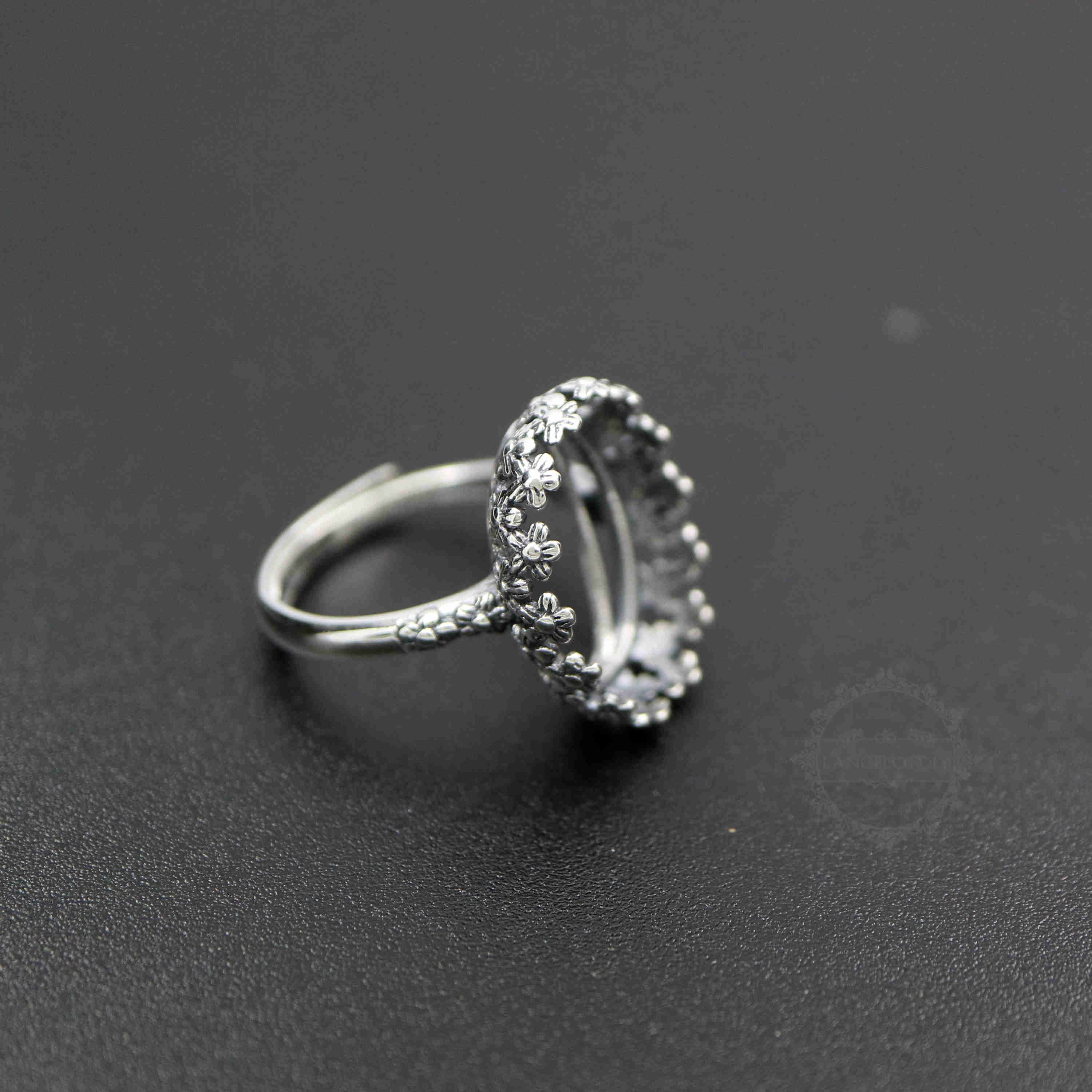 1Pcs 13X18MM Antiqued Oval Flower Bezel Solid 925 Sterling Silver Adjustable Ring Settings 1223085 - Click Image to Close